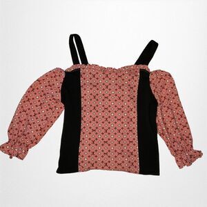 Women’s XL Open Shoulder LV logo 1/2 Sleeve Top Black Pink Coral Smocked‎ Back